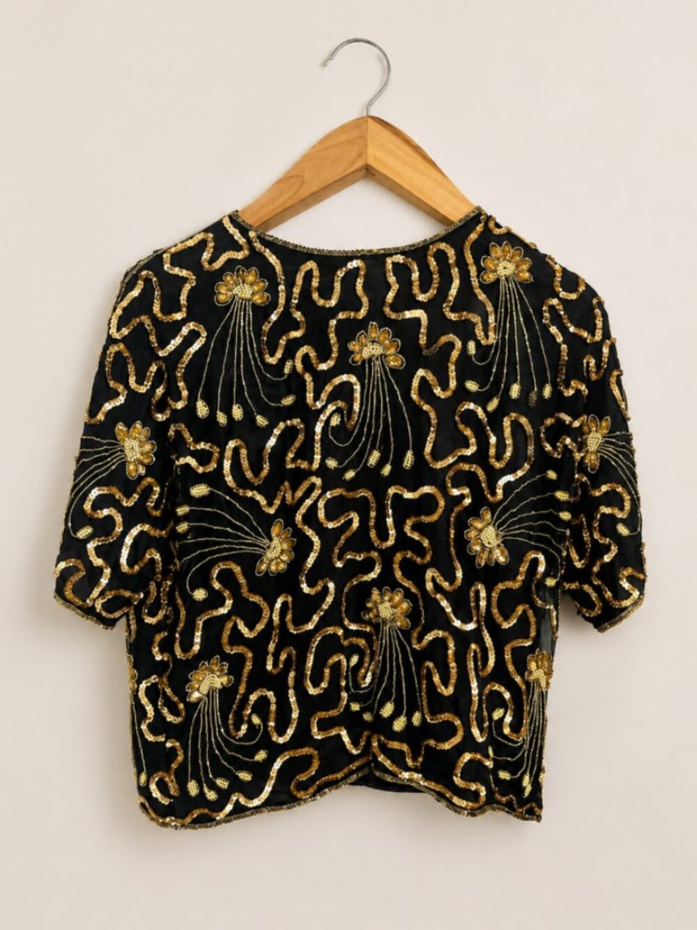 Vintage Jainsons International Silk Art Deco Gold Sequin Beaded Blouse Size S